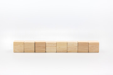 Eight blank wooden block cubes on a white background for your text.