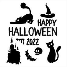 Black White Text Rectangular Card. Happy Halloween 2022 Greetings With Cute Cats, Pumpkins And Cobwebs. For Festive Decoration, Prints, Packaging, Postcards, Design Of Various
