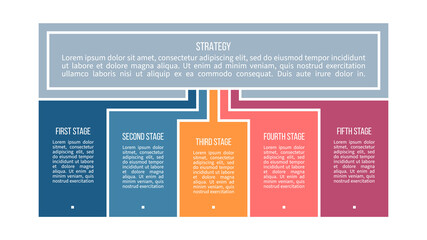 Business process. Chart with 5 steps, options, sections. Vector template.