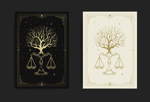 Tree With Scale Of Justice Or Balance Symbol Also Known As Sign Of Libra Constellation, In Carving, Hand Drawn, Line Art, Luxury, Heavenly, Esoteric, Boho Style