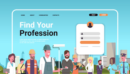 Poster - find your profession website landing page template different occupation workers standing together