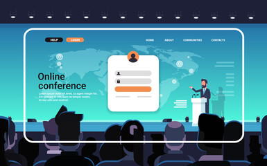 Poster - online conference website landing page template businessman making speech from tribune during virtual meeting