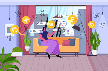 Poster - woman using cryptocurrency mining application on tablet pc virtual money transfer app banking transaction digital currency