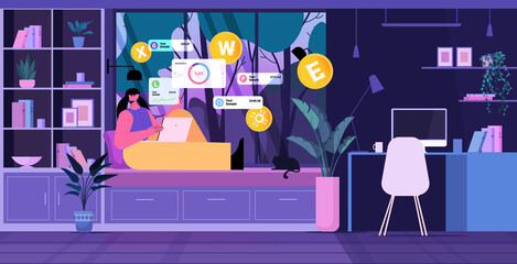 Poster - woman using cryptocurrency mining application on laptop virtual money transfer app banking transaction digital currency