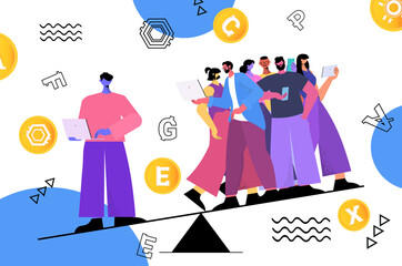Poster - people balancing on scales cryptocurrency mining virtual money banking transaction digital currency concept