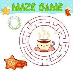 Wall Mural - Christmas maze puzzle game for children. Circle maze or labyrinth game with Christmas cookie.