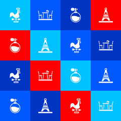 Sticker - Set Rooster weather vane, French cafe, Perfume and Eiffel tower icon. Vector