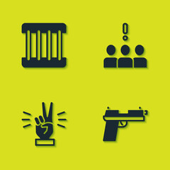 Sticker - Set Prison window, Pistol or gun, Hand showing two finger and Crowd protest icon. Vector