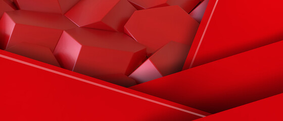 Aufkleber - Abstract background. Hexagon Geometry shapes and folding Graphic Design with a Business concept on Red. website, Copy space, Minimal, Digital - 3d rendering