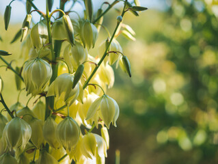 Wall Mural - Blooming white flowers on a yucca palm. Beautiful floral background and texture