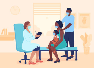 Poster - Medical consultation flat color vector illustration. Family meeting general practitioner. Clinical appointment. Doctor with patients 2D cartoon characters with interior on background