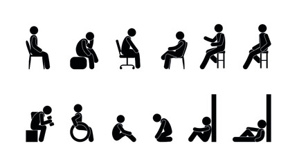 Wall Mural - man sitting on a chair and on the floor, sitting people icon, stick figure pictogram, set of human silhouettes in various poses