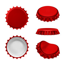 Metal Red Crown Caps. Beer, Lemonade And Other Drink Bottle Cap. Realistic Vector Illustration Isolated On White Background	