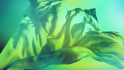 Wall Mural - 3d render. Abstract fashion background with mint green drapery. Silk cloth is blown away by the wind