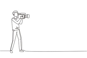 Wall Mural - Continuous one line drawing professional camera operator holding big camera on shoulder. Cameraman, reporter shooting TV content. Videographer with camera. Single line draw design vector illustration