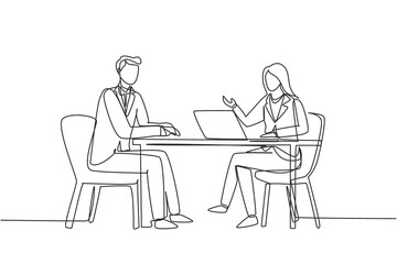 Poster - single continuous line drawing woman journalist interviewing guy at desk. microphone, discussion, sp