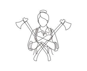 Wall Mural - Single one line drawing woman lumberjack holding two axes crossed. Crossed axes, crossed firefighter axe, firewoman axe, Hatchet for carpentry tools. Continuous line draw design vector illustration