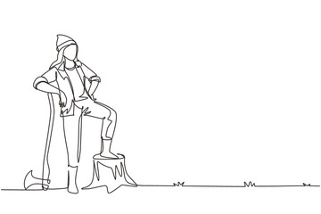 Wall Mural - Continuous one line drawing beautiful woman lumberjack wearing workwear and beanie hat, standing with axe and posing with one foot on a tree stump. Single line draw design vector graphic illustration