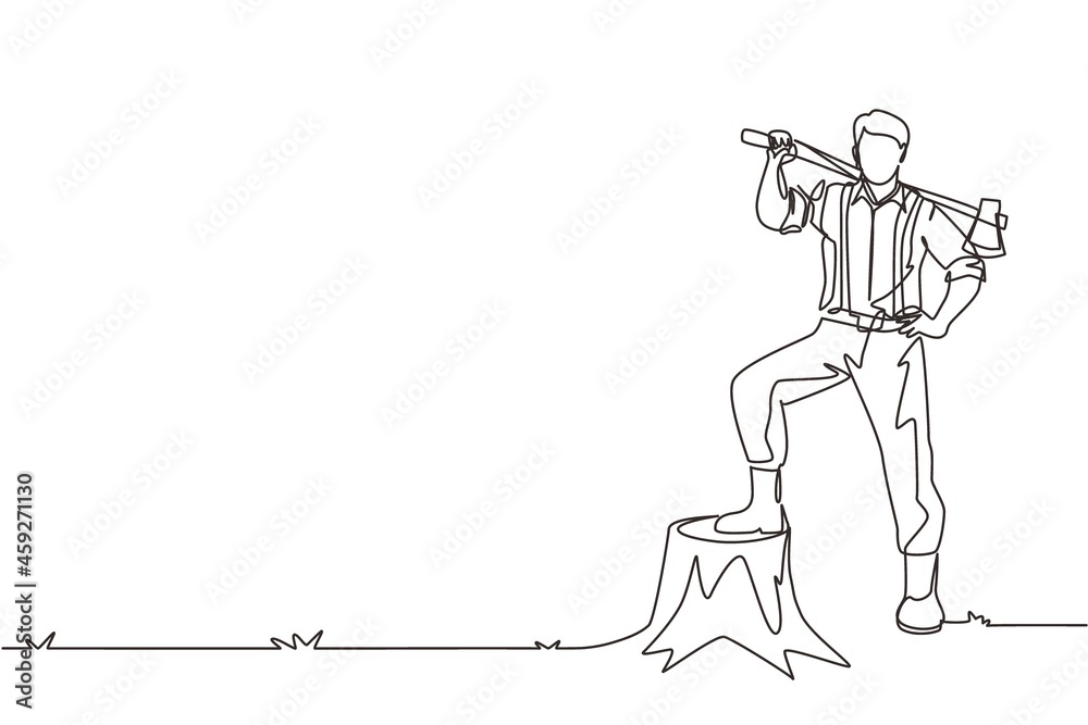 Single one line drawing smiling lumberjack wearing shirt, jeans and ...
