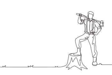 Single one line drawing smiling lumberjack wearing shirt, jeans and boots. Holding on his shoulder a ax posing with one foot on a tree stump. Continuous line draw design graphic vector illustration