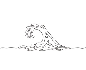 Poster - Single continuous line drawing surf ocean waves isolated on white background, also logo idea. Water splashes wave twirl isolated surge sparks breaker. One line draw graphic design vector illustration