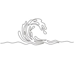 Poster - continuous one line drawing water splashes wave twirl isolated surge blue sparks breaker. wave curly