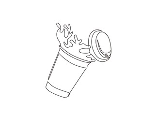 Poster - Single one line drawing falling disposable paper cup with coffee splash. Splash of coffee in paper cup. Hot coffee paper cup of spilling coffee creating splash. Continuous line draw design vector