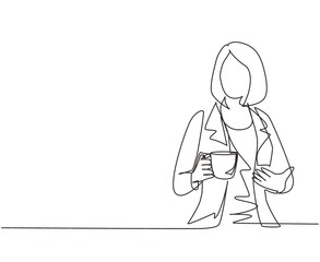 Poster - Single one line drawing business woman holding and showing coffee cup sitting in the coffee shop. Business dress code. Enjoy relax time after office. Continuous line draw design vector illustration