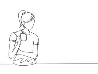 Poster - Single continuous line drawing beautiful woman relaxing drinking and looking at mug of hot coffee or tea. Cute girl feeling enjoy having breakfast in holiday. One line draw design vector illustration