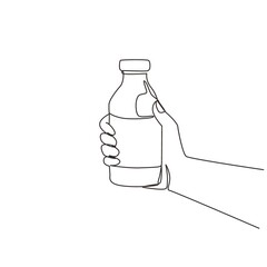 Poster - Single one line drawing hand holding fresh milk on bottle glass packaging healthy drink product. Fresh milk for health food nutrition. Modern continuous line draw design graphic vector illustration