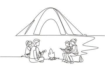 Poster - single one line drawing camping family warm their bodies around campfire tents. dad playing guitar, 