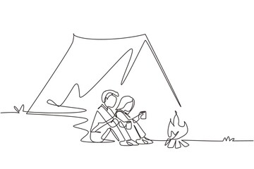 Wall Mural - Single continuous line drawing couple sitting on ground near bonfire, active romantic date out of town, camping. Man woman drink hot tea getting warm near campfire. One line draw graphic design vector