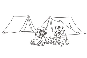 Poster - Single continuous line drawing happy two pair man and woman getting warm near campfire. Group of people camping drinking tea sitting on logs in forest. One line draw graphic design vector illustration