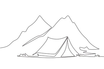 Poster - Single one line drawing adventure camping night landscape. Tent, campsite, pine forest and rocky mountains. Sports, hiking, camping, outdoor recreation. Continuous line draw design vector illustration