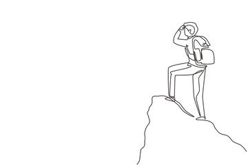Poster - single one line drawing man with backpack, traveller, explorer standing on top of mountain or cliff,