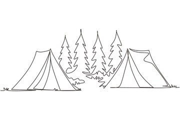 Wall Mural - Continuous one line drawing two tents camping tourist pine forest mountain expedition. Travel, adventure, nature, expedition and vacation concept. Single line draw design vector graphic illustration