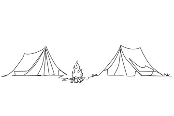 Poster - single one line drawing two tent with bonfire. climbing, trekking, hiking, walking. sports, camping,