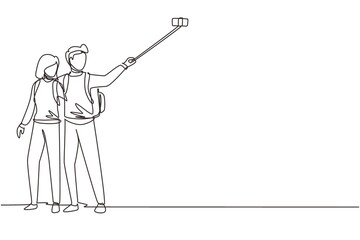 Poster - single continuous line drawing couple tourist with backpack taking selfie over beautiful nature land