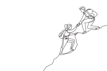 Poster - Continuous one line drawing group of people man woman helping each other hike up a mountain. Business, success, leadership, achievement and goal concept. Single line draw design vector illustration