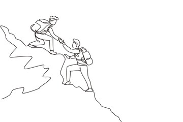 Poster - Single one line drawing two men hiker helping each other on top of mountain. Teamwork hiking help each other trust assistance. Goal concept. Continuous line draw design graphic vector illustration