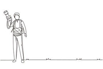 Poster - Single continuous line drawing young cheerful professional male photographer with camera joy make photography taking nature, traveling concept. Dynamic one line draw graphic design vector illustration