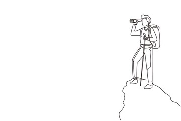 Single one line drawing man trekking on mountain. Young male traveling in mountains, standing on top, looking in binoculars. Tourist outdoor. Continuous line draw design graphic vector illustration