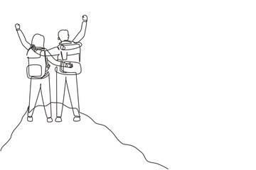 Poster - Continuous one line drawing romantic couple hikers with raised hands in a mountain valley at sunrise. Travel, tourism, hike and adventure concept. Single line draw design vector graphic illustration
