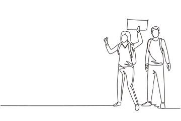 Poster - Single one line drawing couple with backpacks standing near road and hitchhiking. Man and woman thumbing or hitching ride. Adventure travel, road trip. Continuous line draw design vector illustration
