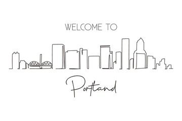 Poster - Single one line drawing Portland city skyline, Oregon. Beautiful landmark. Beautiful world landscape tourism travel wall decor poster, postcard. Continuous line draw design graphic vector illustration