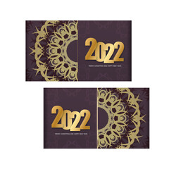 2022 brochure happy new year burgundy color with winter gold ornament