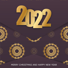 2022 happy new year burgundy color flyer with abstract gold ornament