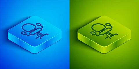 Sticker - Isometric line Barbershop chair icon isolated on blue and green background. Barber armchair sign. Square button. Vector