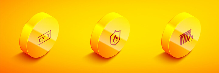 Sticker - Set Isometric Fire exit, protection shield and in burning garage icon. Vector