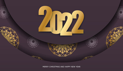 Template Greeting card 2022 Happy New Year burgundy color with vintage gold ornament